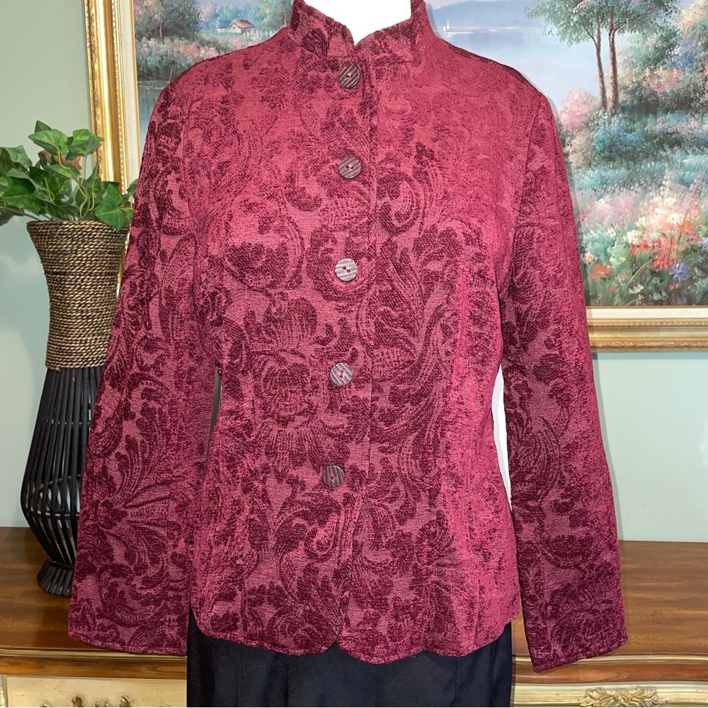 Coldwater Creek Maroon Jacquard velvet Textured Blazer Jacket